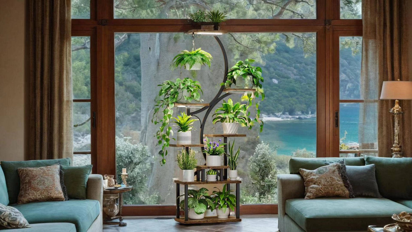 8-Tier Plant Stand with Grow Lights- 61" Tall Metal Black