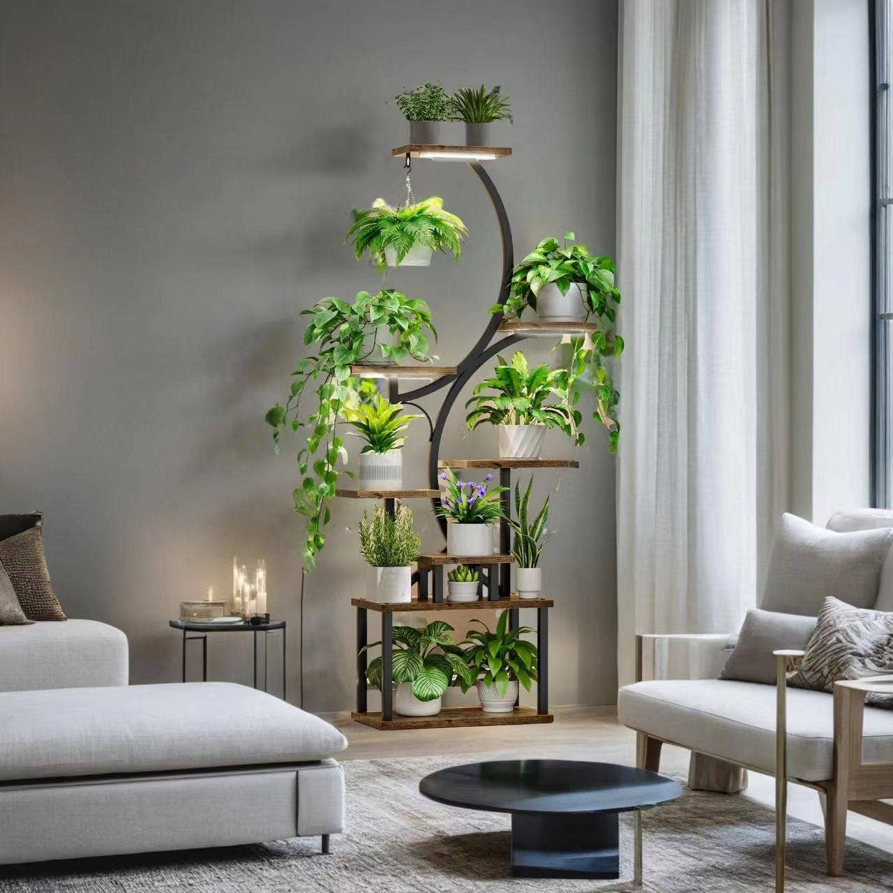 8-Tier Plant Stand with Grow Lights- 61" Tall Metal Black