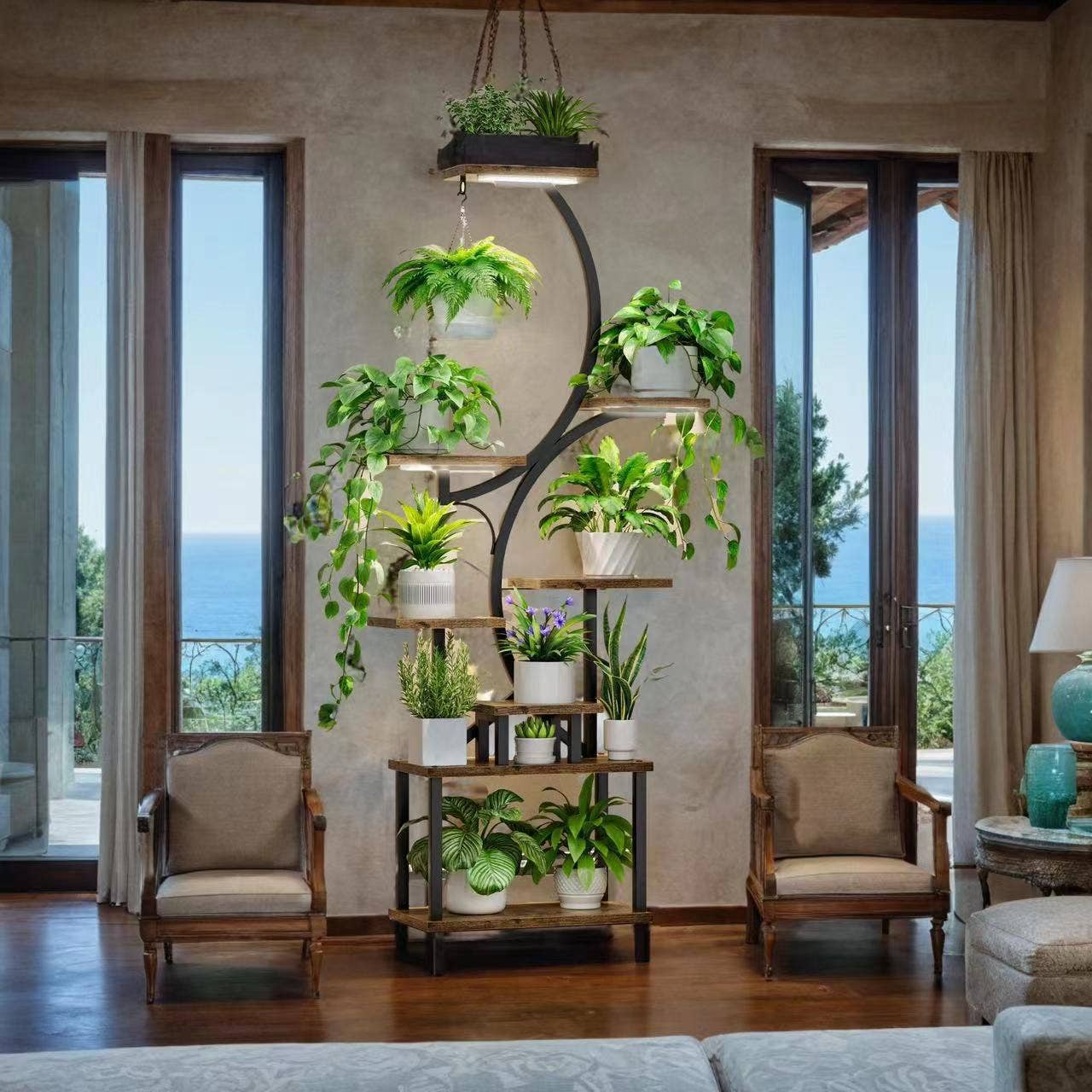 8-Tier Plant Stand with Grow Lights- 61" Tall Metal Black