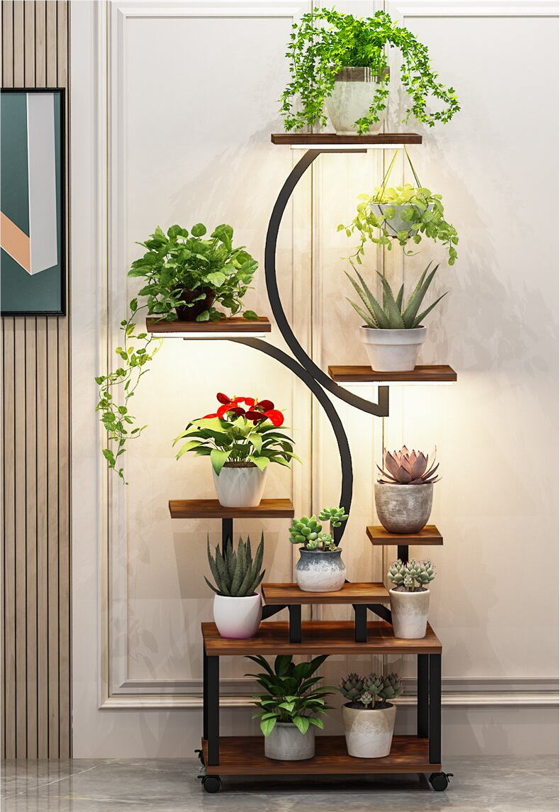 8-Tier Plant Stand with Grow Lights- 61" Tall Metal Black