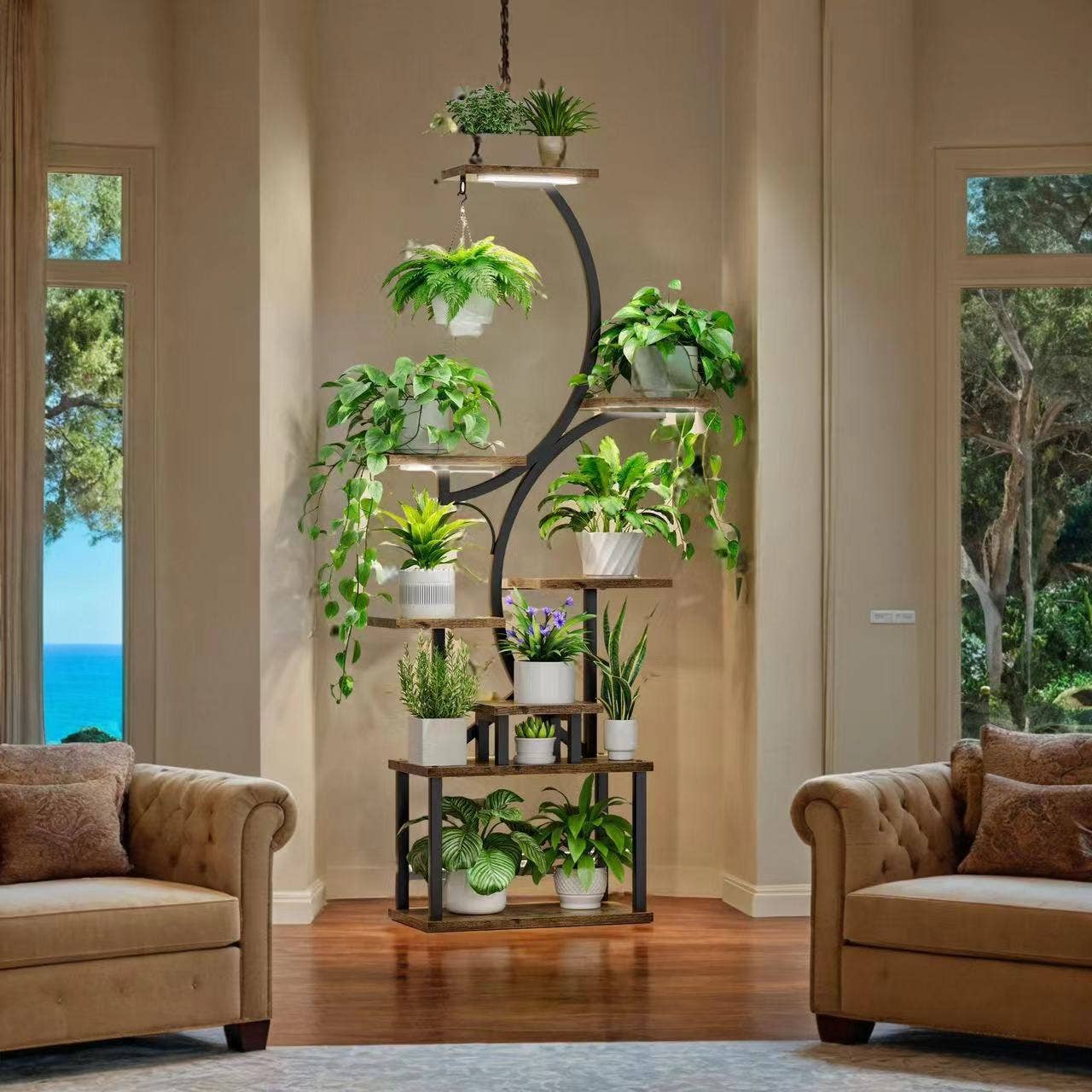 8-Tier Plant Stand with Grow Lights- 61" Tall Metal Black
