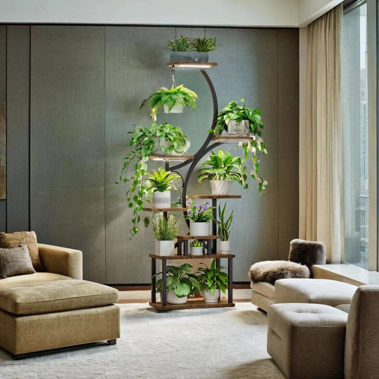 8-Tier Plant Stand with Grow Lights- 61" Tall Metal Black