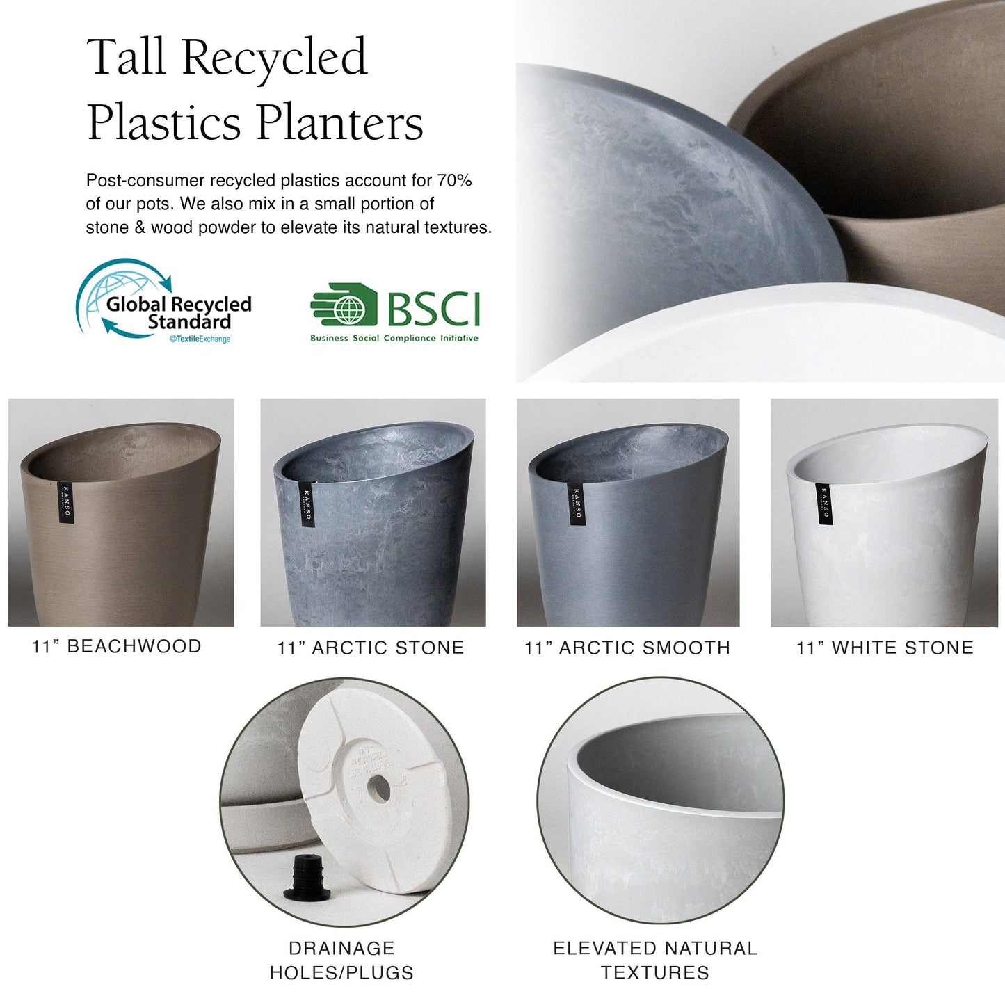 Kanso Designs Funnel Tall Planter Pot- White Stone 11"