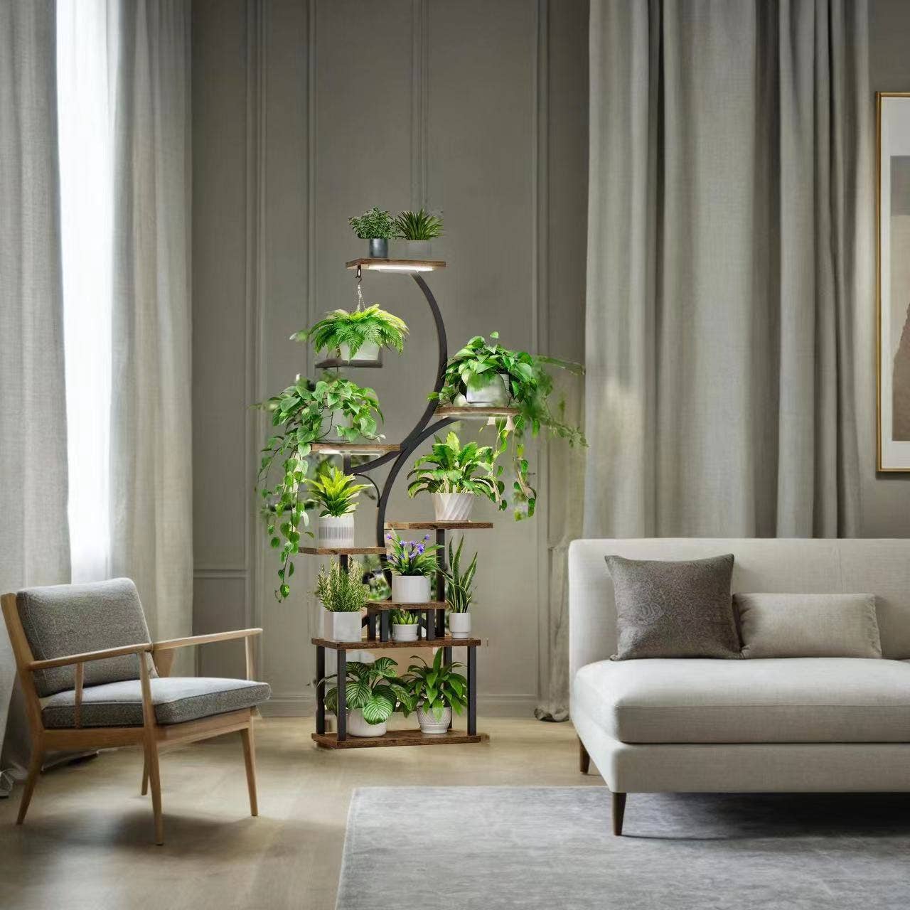 8-Tier Plant Stand with Grow Lights- 61" Tall Metal Black