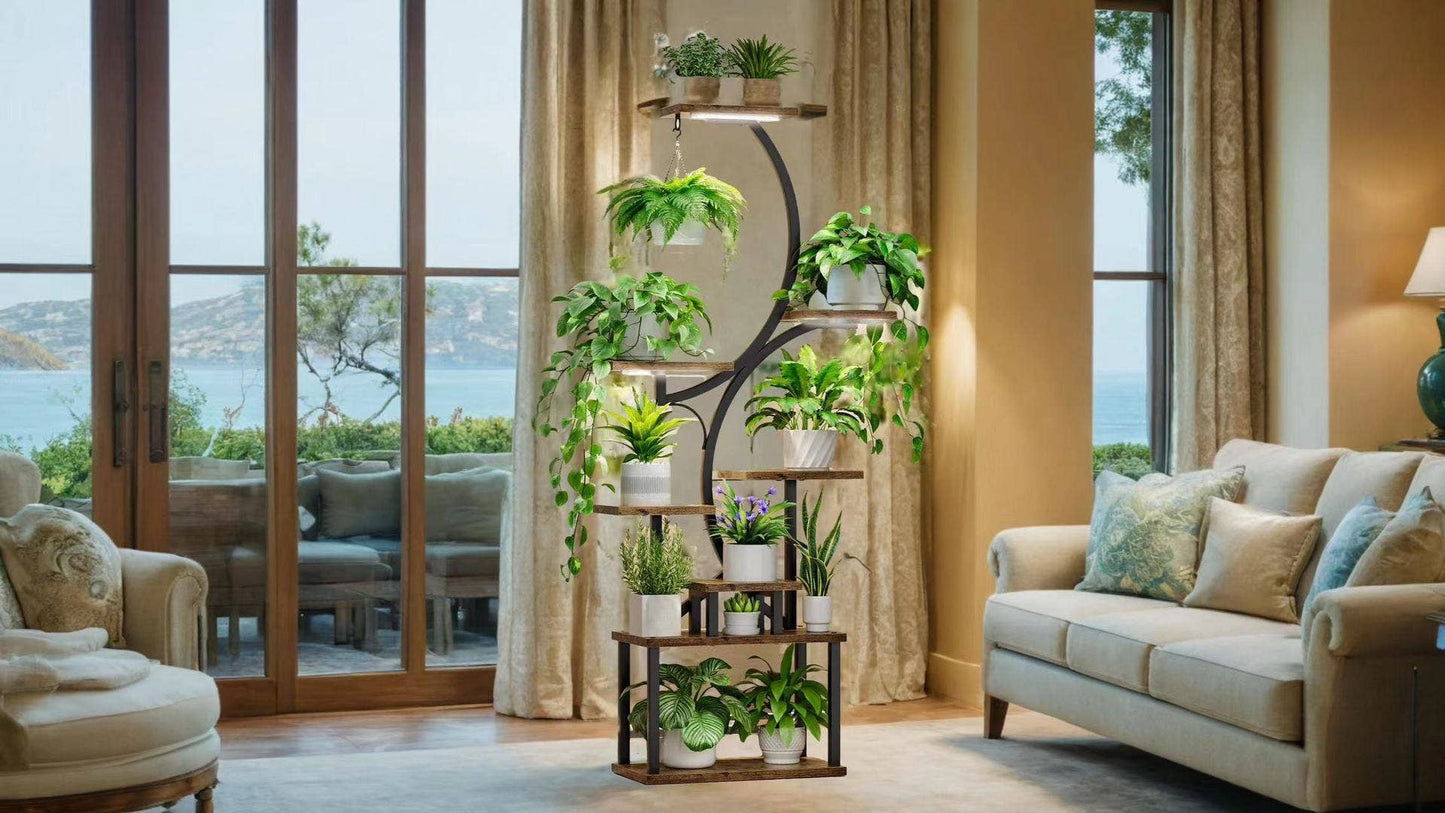 8-Tier Plant Stand with Grow Lights- 61" Tall Metal Black