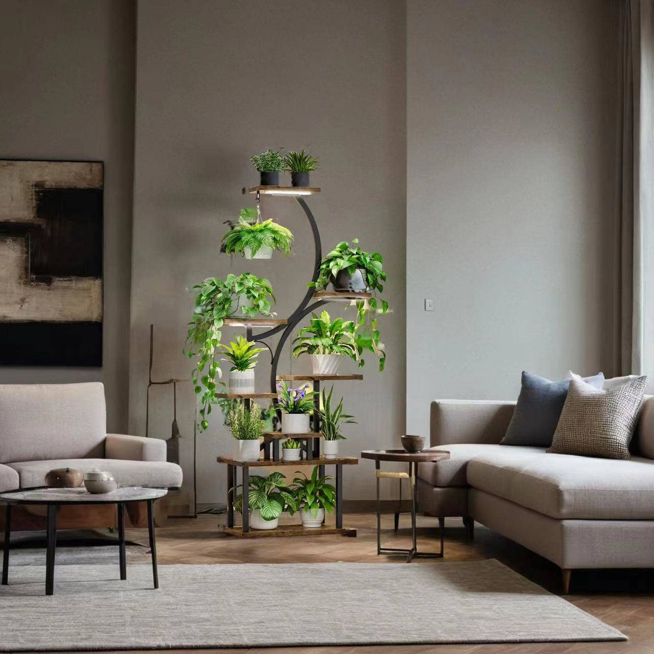 8-Tier Plant Stand with Grow Lights- 61" Tall Metal Black